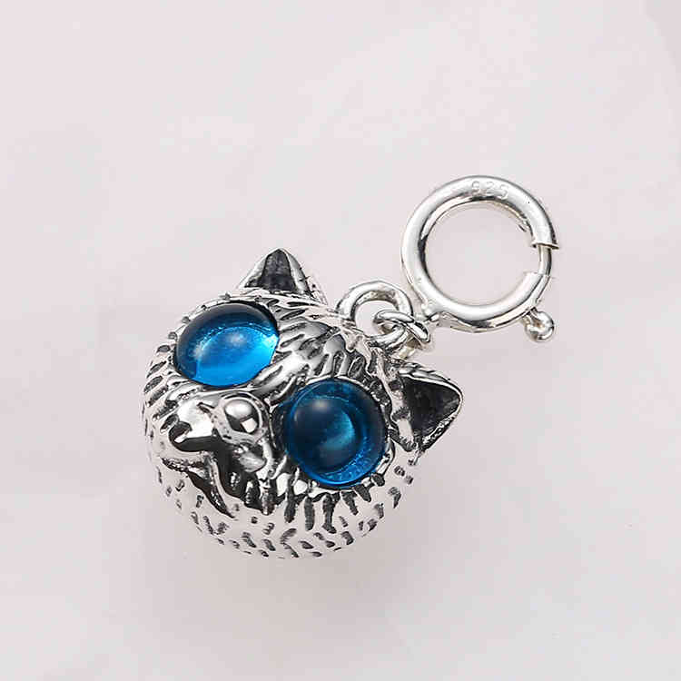 S925 Sterling Silver Blue Cat Head Pendant Cute Cartoon Sweet Old Necklace for Men and Women N974c