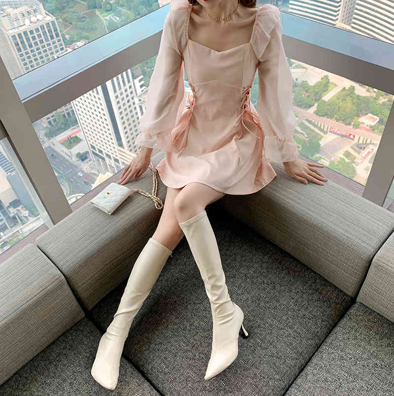 Spring Women Eleagnt Slim Dress Vintage Waist Bandage Tie Cross Fashion Ruffles Sweet Mini Vestidos 210519
