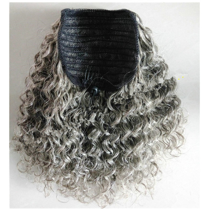 Kinky curly Salt and pepper grey human hair ponytail custom silver gray women updo bun hairpiece drawstring clip in extension 120g 1pcs fashion hot