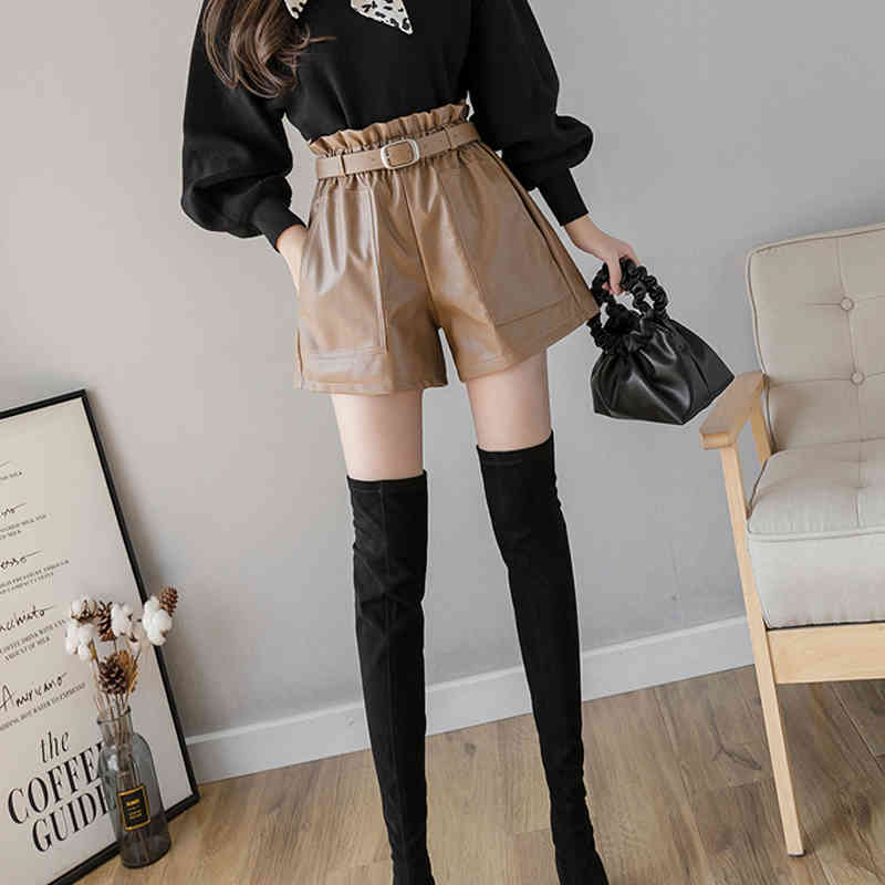 Fashion PU Leather Shorts Women High Waist with Waistband Autumn and Winter Streetwear Solid Wide Leg 11091 210506