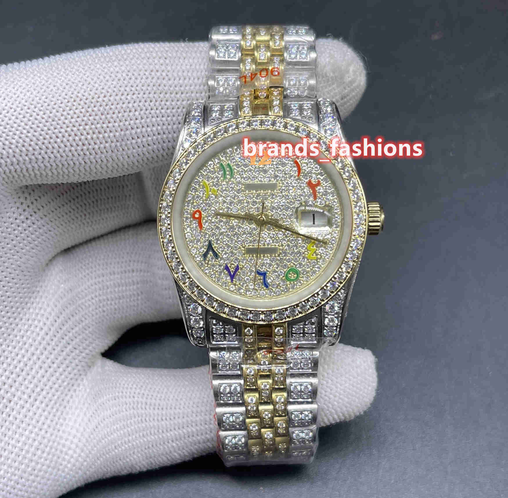 Latest Men's Iced Diamond Wristwatch Gold Face Color Arabic Scale Bi-Gold Diamonds Strap Watch Full Automatic Mechanical Watches
Latest Men's Iced Diamond Wristwatch Gold Face Color Arabic Scale Bi-Gold Diamonds Strap Watch Full Automatic Mechanical Watches