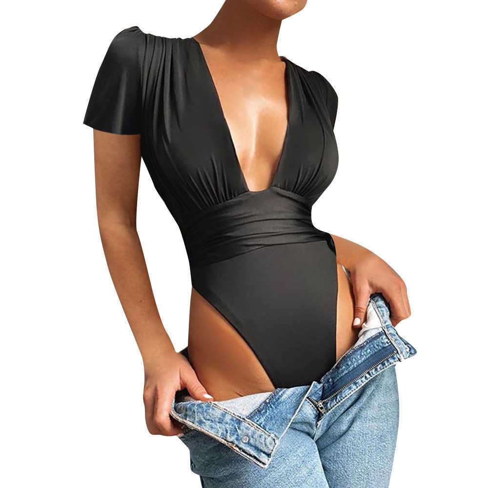 Summer Bodysuits Sexy Deep V-Neck Pleated Waist Tights Fashion Solid Color Black Jumpsuits Women Slim Short Sleeve Rompers 210526