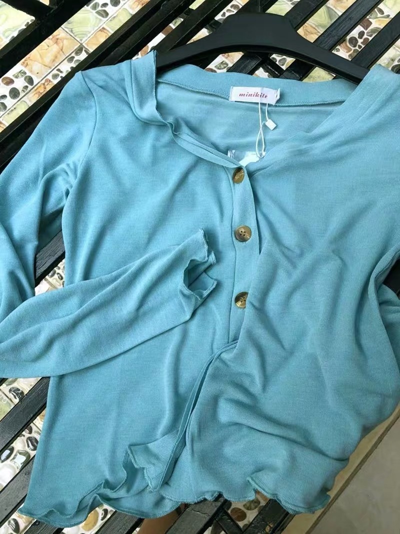 Knitting Blue Long Sleeve Top Ruched Jennie Kim Bodycon Cardigan Sexy Casual Chic Women Spring 210421