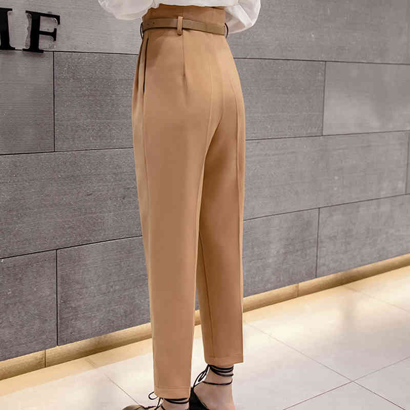 Spring Autumn Casual Suit Women's Workwear Solid High Waist Straight Pants Capris Trousers With Belt B11308P 210416