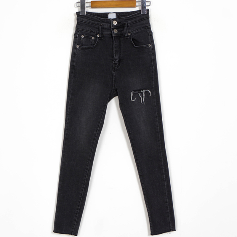 Dark Grey Female Streetwear Ripped Holes Pencil Jeans Women High Waist Skinny Stretch Denim Pants Femme 10398 210417