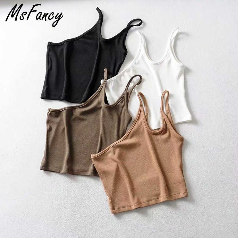 Msfancy Summer Crop Tops Women Slant Shoulder Irregular Haut Femme Sexy Ladies Black Tank Top 210625