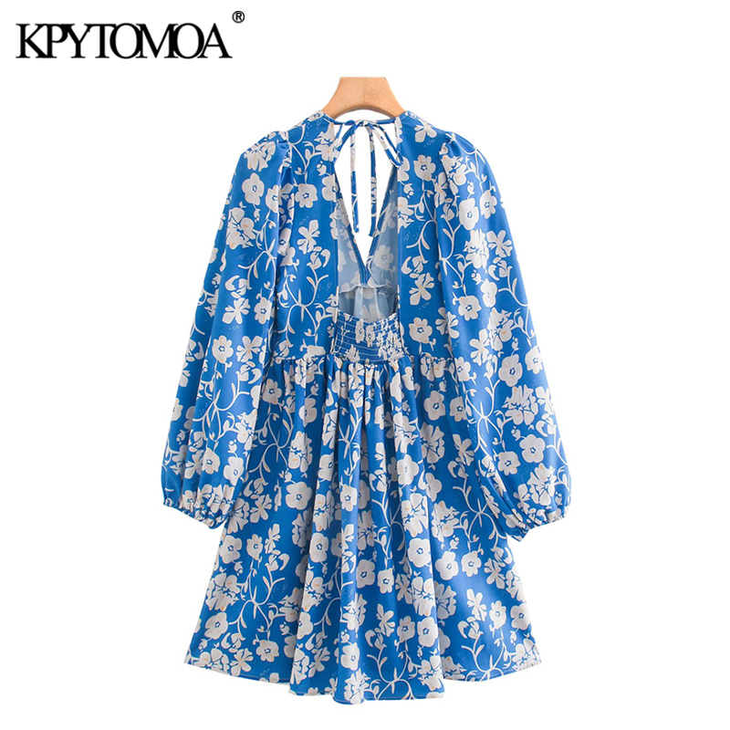 Women Chic Fashion Floral Print Pleated Mini Dress Puff Sleeves Backless Elastic Female Dresses Vestidos 210420