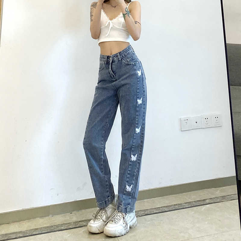 Summer Vintage Jeans Casual Woman Long Trousers Cowboy Female Loose Streetwear Butterfly Pants trousers 210524