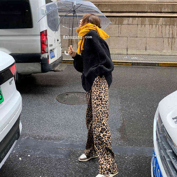 Korean leopard print wide leg pants high waist straight tube casual loose thin mops women fashion sweat 211115