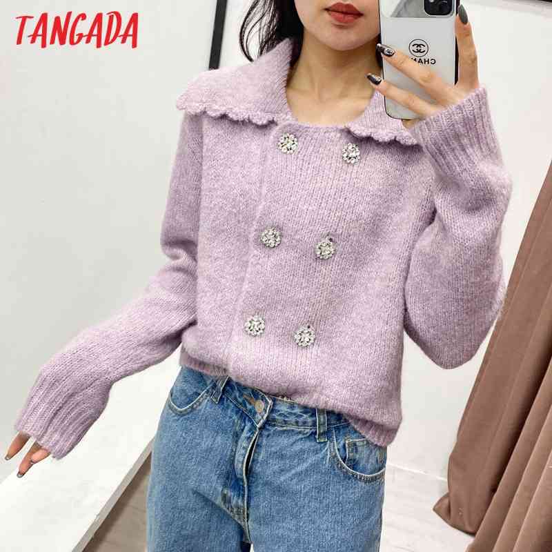 Women Elegant Purple Beading Buttons Vintage Jumper Lady Fashion Knitted Cardigan Coat 3N25 210416