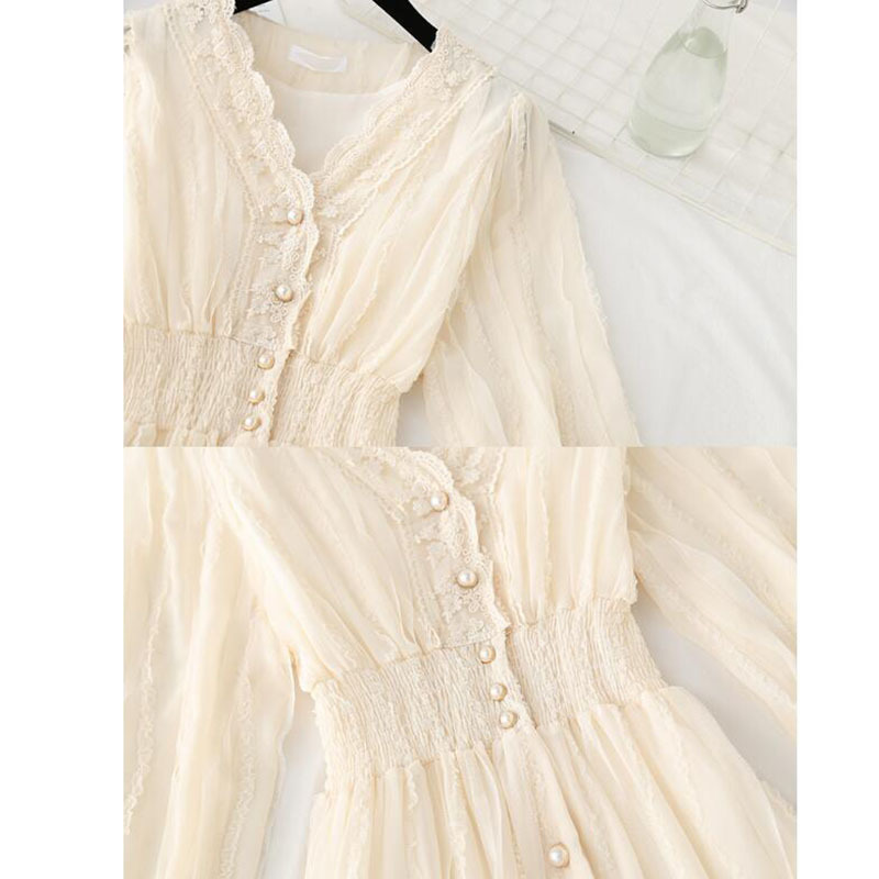 Women V-neck Lace Dress Autumn Elegant A-Line Slim Single-Breasted Vestidos Elastic waist Mesh Mid-calf Dress 210521