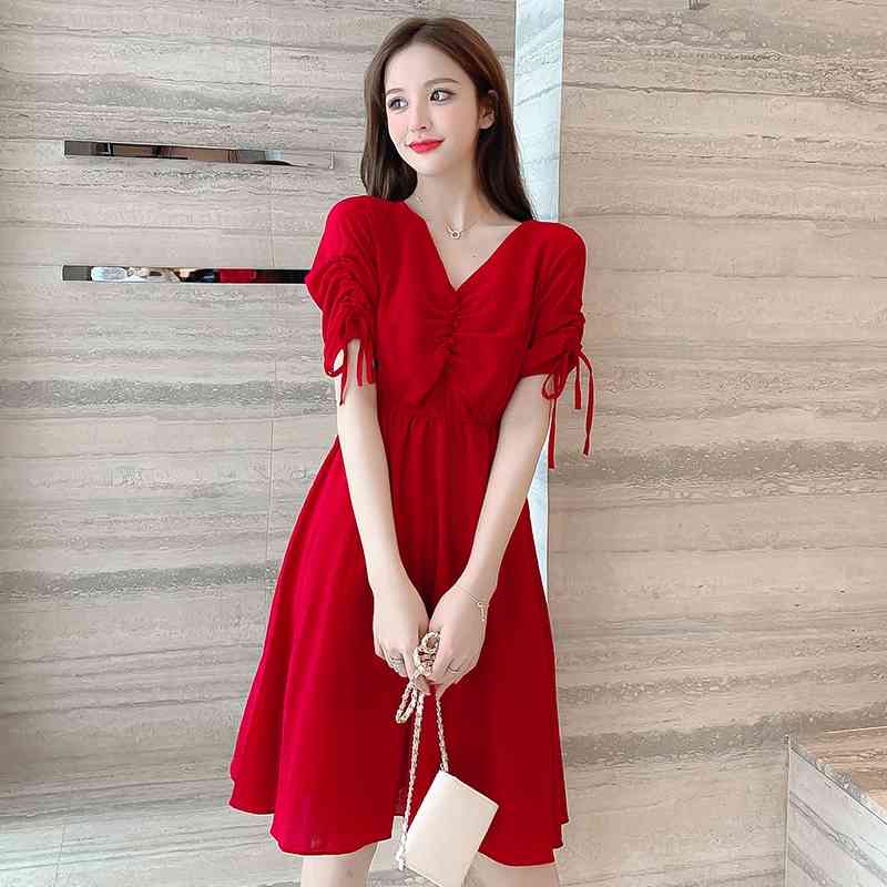 Paragraph Summer Women's Temperament Small Fresh Chiffon Dress High Waist V-neck Pile Sleeve Slim Mid Length A-line Skirt 210515