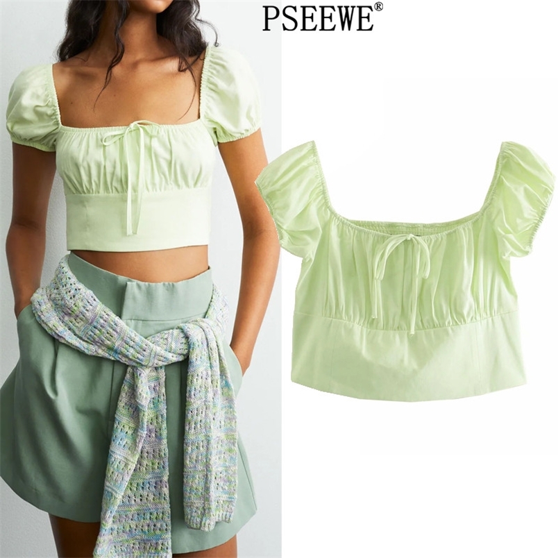 Women Green Bow Crop Top Female Fashion Square Neck Short Sleeve Woman Blouses Elastic Smocked Back Summer Tops 210519
Women Green Bow Crop Top Female Fashion Square Neck Short Sleeve Woman Blouses Elastic Smocked Back Summer Tops 210519