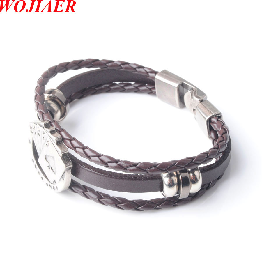 WOJIAER Men's Dichroic Leather Bracelets Vintage Lucky Poker Card Charm Multilayer Woven Bracelet Male Cuff Jewelry Gift BC005