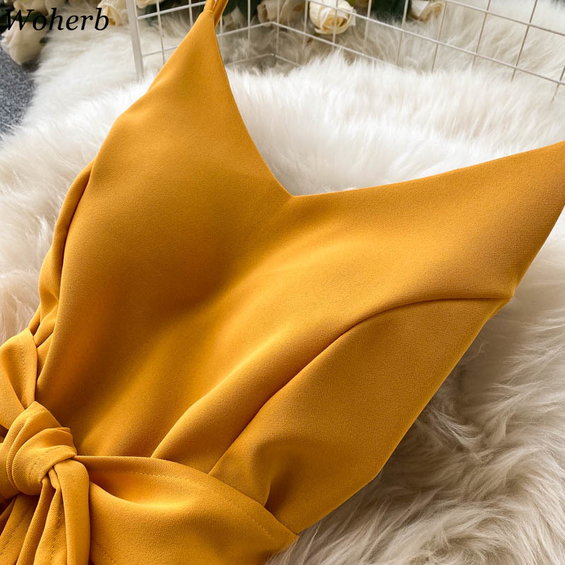 Summer Korean Chic Sexy Yellow Spaghetti Strap V-neck Party Dresses Vintage Solid Bandage Slim Long Robe Vestidos 210519