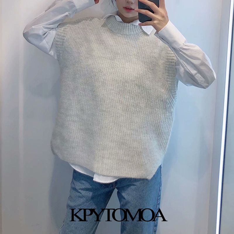 Women Fashion Loose Side Vents Knitted Vest Sweater O Neck Sleeveless Female Waistcoat Chic Tops 210420