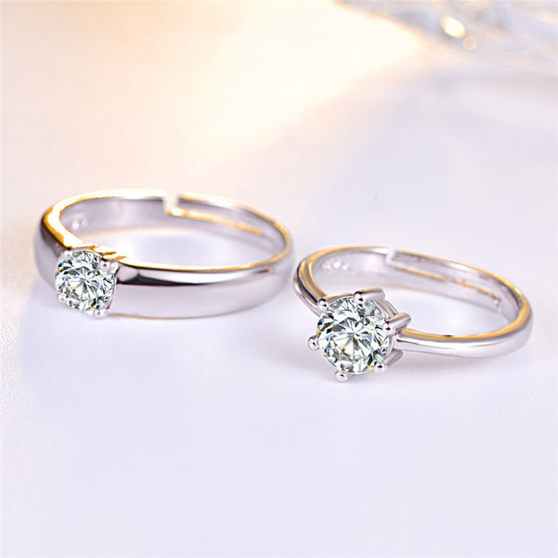 925 Sterling Silver Couple Ring Six-Jaw Zircon Fashion Opening Adjustable Ring Women Engagement Wedding Jewelry 210507