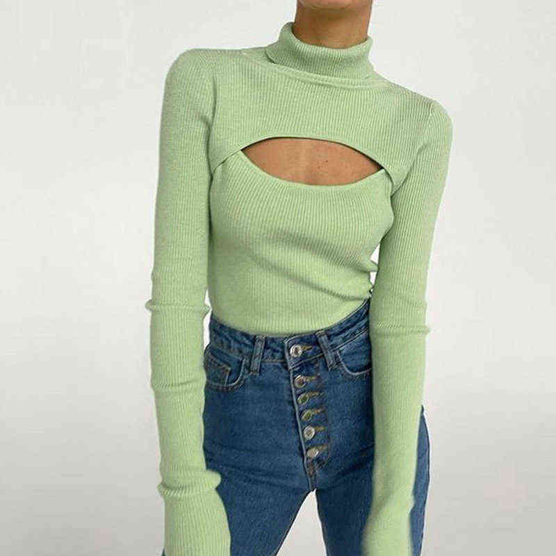 Women's Turtleneck Long Sleeve Slim Pullovers Autumn Solid Hollow Out Fashion Sweater Ladies Sexy Ofiice Lady Clothes 211109