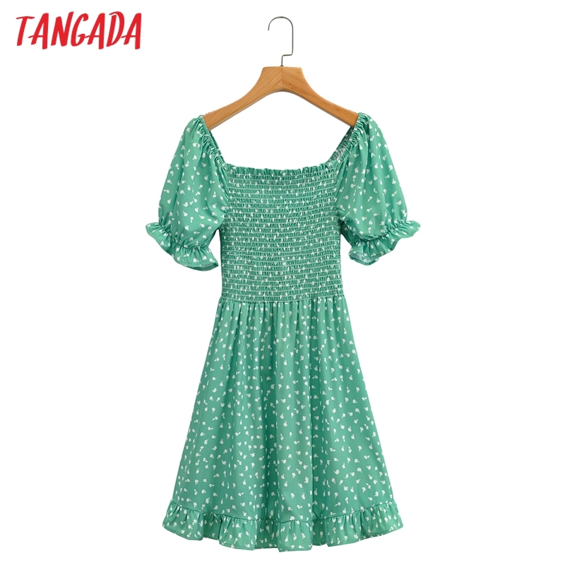 Fashion Women Green Flowers Print Off Shoulder Bow Short Sleeve Ladies Mini Dress 1F187 210416