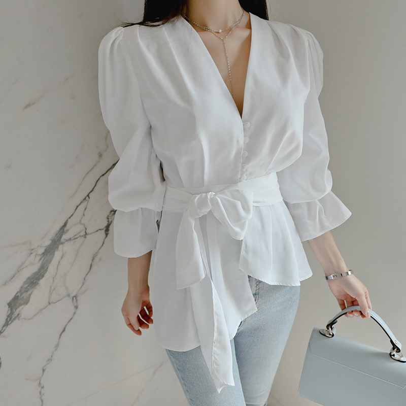 Long sleeve Autumn Clothes Women's shirt Sleeve irregular Blouse Shirts Cotton V Neck White Bow Women Tops 94H 210420