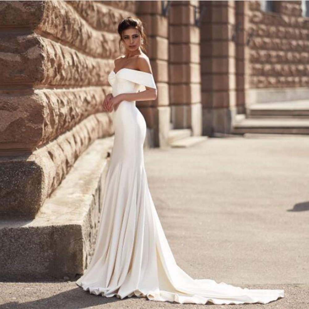 Ivory Mermaid Satin Bridal Gown Sweetheart Off The Shoulder Short Sleeves Wedding Dresses Sexy Backless Brides Dress Vestido De Noiva