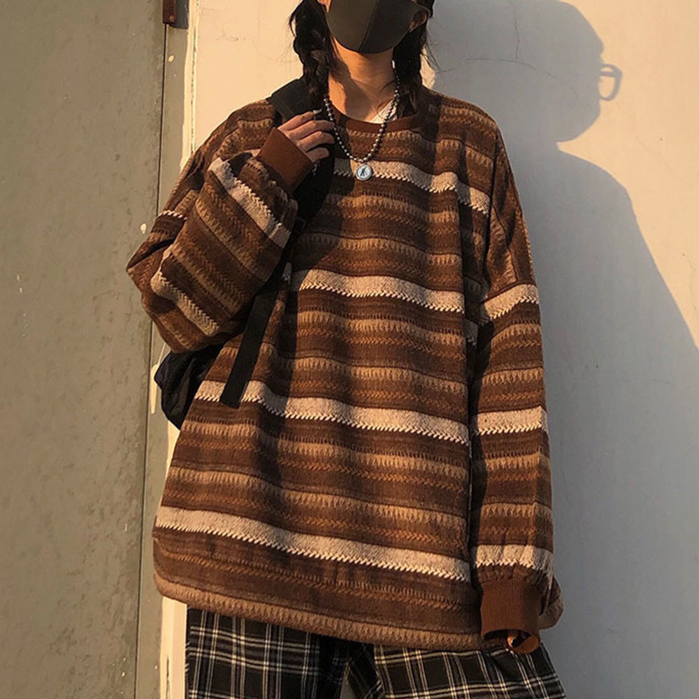 Pullovers Women Oversize BF Unisex Couples Japanese Striped Knit Sweater Hip Hop Female Winter Fashion Retro Daily Clothing 210428