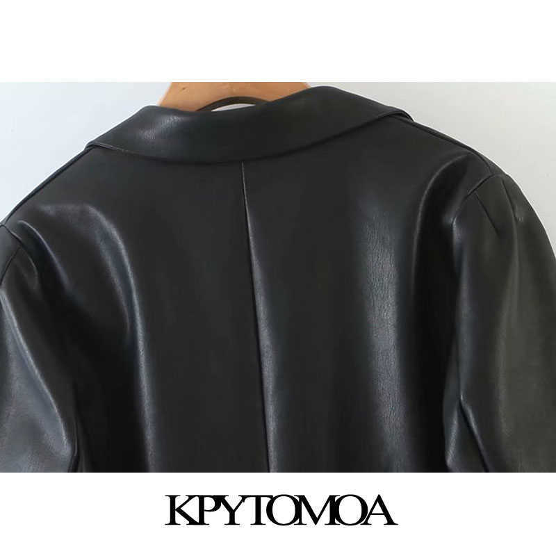 KPYTOMOA Women Fashion Faux Leather Single Button Blazers Coat Vintage Long Sleeve Pockets Female Outerwear Chic Tops 210930