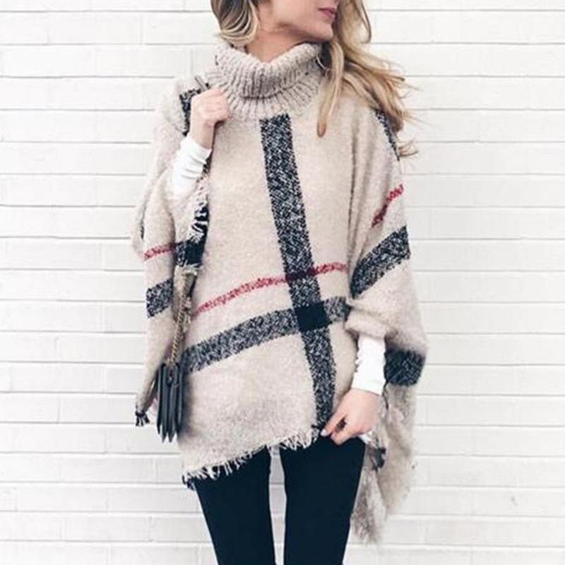 Womens Sweaters Poncho Sweater Women Fringed Stripe Knit Pullover Cape Coat High Collar Vintage Shawl Scarf Panchos Female Winter
