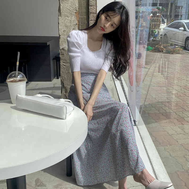 Women Sets Summer Korean Chic Sweet Temperament Square Neck Slim Thin Puff Sleeve Sweater Floral High Waist Skirt 210514