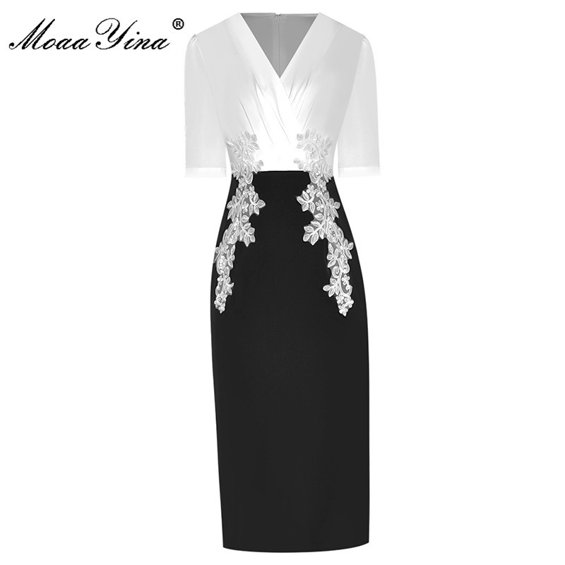 Summer Women's High Street Midi Dress V-neck Short sleeve Applique Embroidery Red White Splicing Slim Pencil 210524