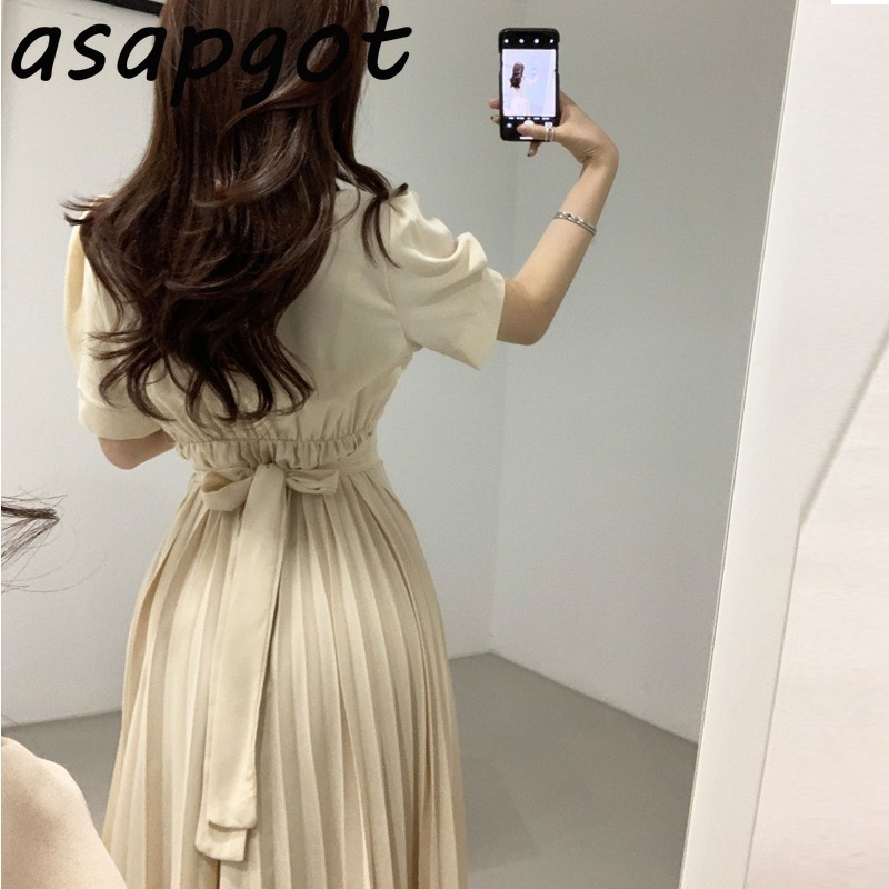 Korean Chic Summer Solid Oversize V Neck Bandage Waist Short Sleeve Pleated Dress Women Vestidos De Mujer Elegant Temperament 210429