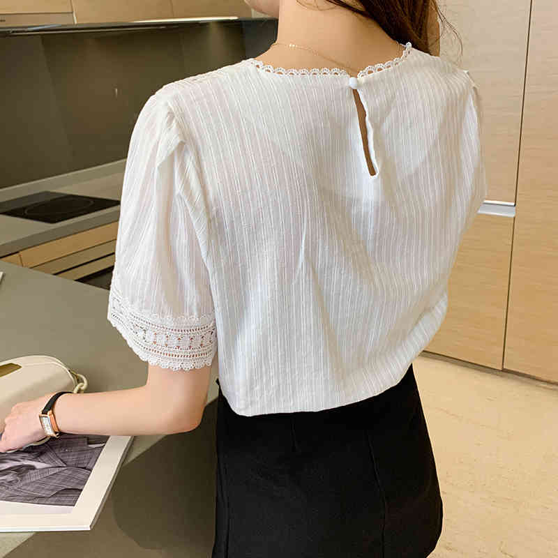 Summer White Pink Shirt Korean Style Women Short Sleeve Hollow Out Lace Blouse Solid Elegant Office Lady Tops Blusas 9602 210506