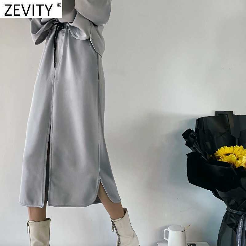 Zevity Women Fashion Solid Color Elastic Waist Sarong Skirt Faldas Mujer Female Split Vestido Pockets Straight Skirts QUN711 210603