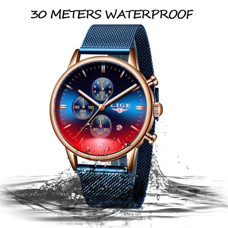 Wristwatches LIGE Fashion Men's Watches Top Military Waterproof Clock Male Casual Mesh Belt Sport Quartz Watch Men Wristwatch, Slivery;brown