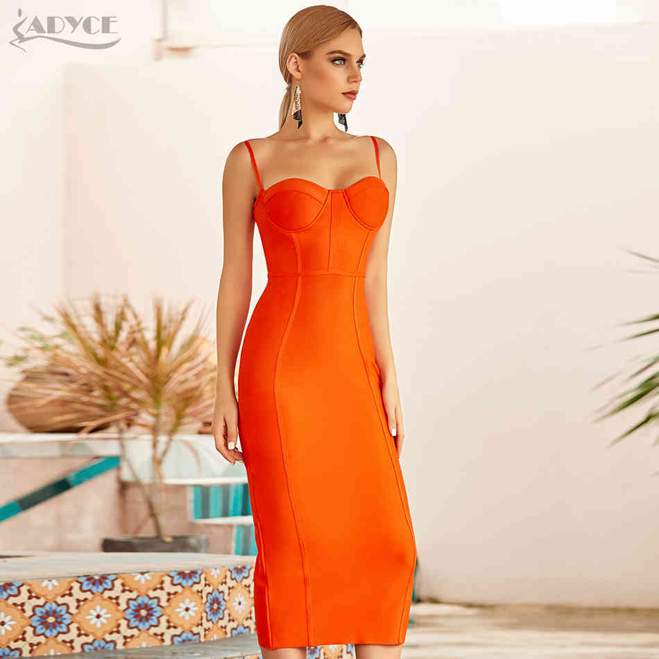 Adyce New Summer Women Sleeveless Bandage Dress Sexy Spaghetti Strap Orange Bodycon Evening Runway Club Party Dress Vestido 210331