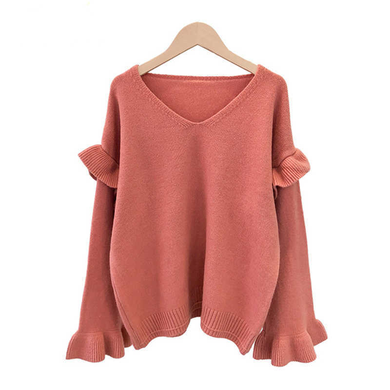 H.SA Women Korean Oversized Sweater and Pullovers V neck Ruffles Butterfly Sleeve Harajuku Chic Sweater Jumpers casaco feminino 210716
