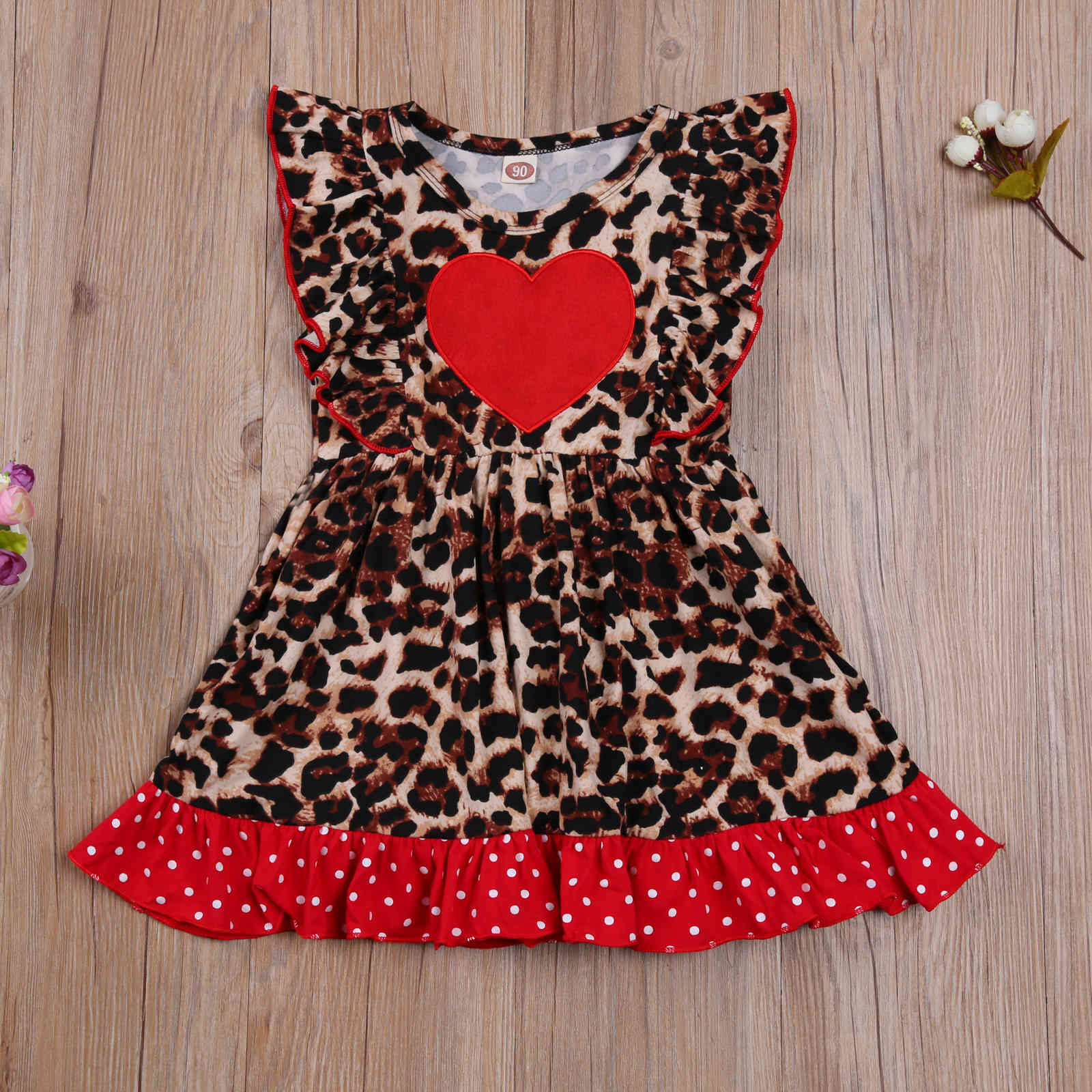 1-6Y Valentines Day Dress For Girls Toddler Kid Child Girl Red Heart Ruffles Leopard Sleeveless 210515