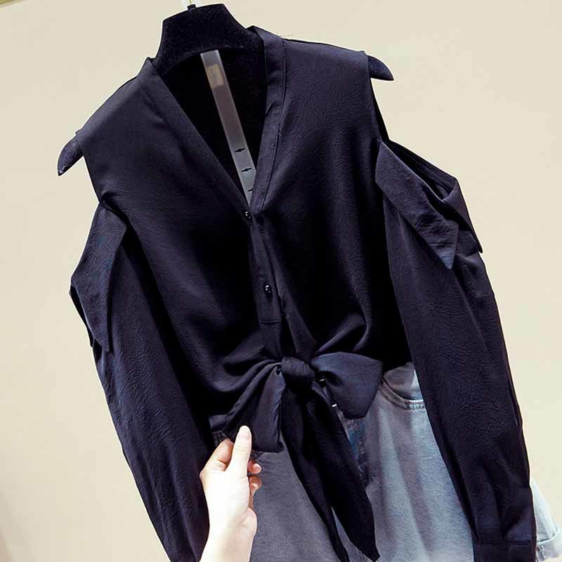 Long Sleeve Chiffon Shirt Solid Black Off-shoulder Blouse Women Autumn Lace-up Waist Tops Bow Tie Cardigan Shirts 11593 210508