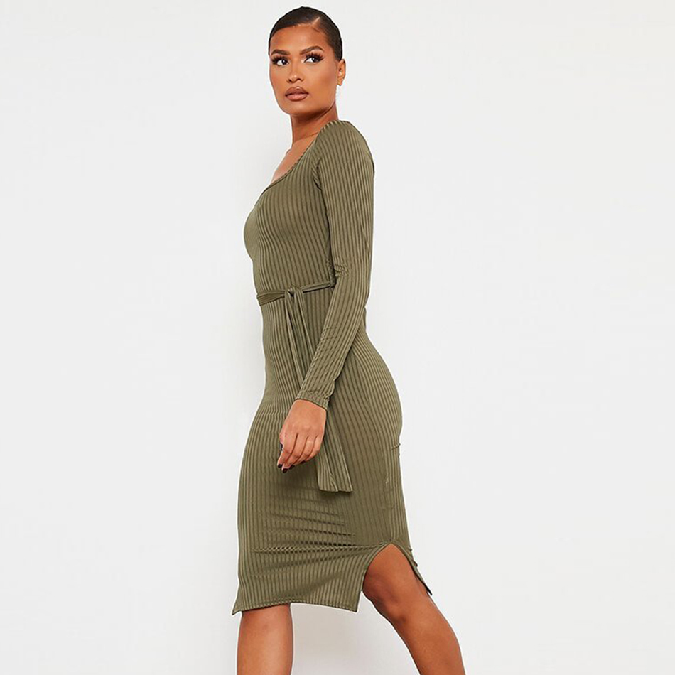 Free Women's Green Striped Dresses Square Neck Long Sleeve Split Bodycon Tie Dress Club Night Party Vestidos 210524