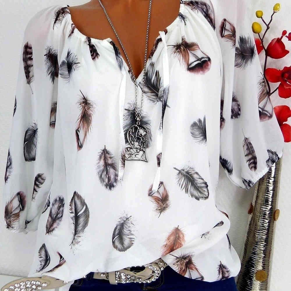 Fashion 5XL Plus Large Size Women's Blouses Summer Tops Leisure Blouse White Loose Feather Print V Neck Half Sleeve Shirts 210428