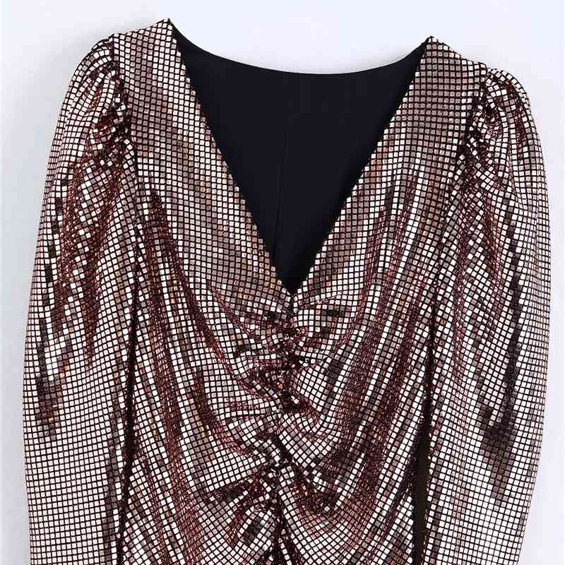 Sweet Women Party Slim Mini Dress Fashion Ladies V-Neck Sequined Dresses Sexy Female Chic Draped Puff Sleeve Vestidos 210430