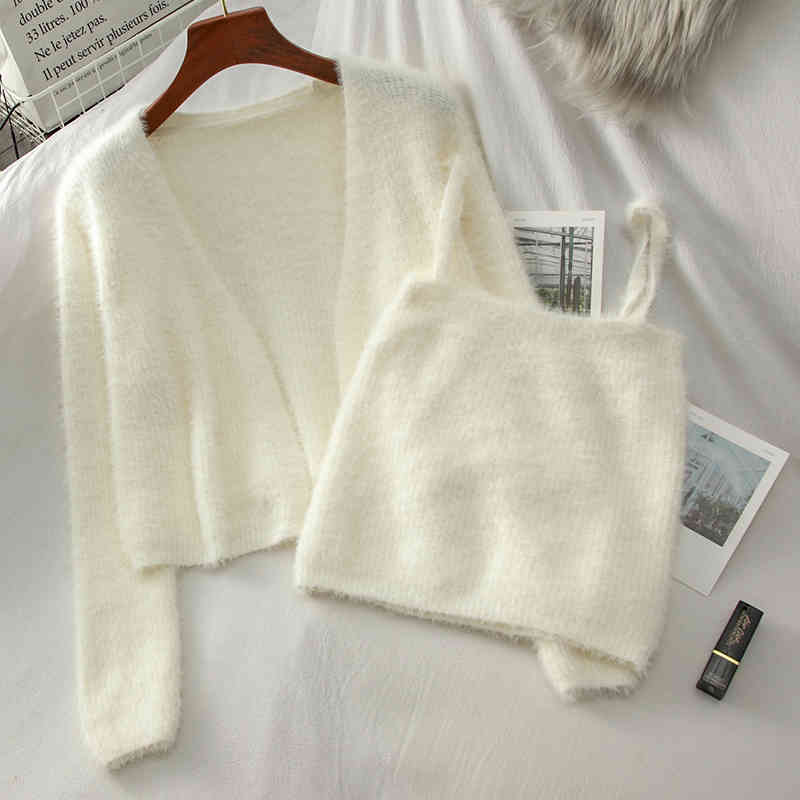 Kimutomo Korean Style 2 Piece Sets Womens Outfits Solid V-neck Long Sleeve Cardigan and Short Sling Spring Elegant Casual 210521