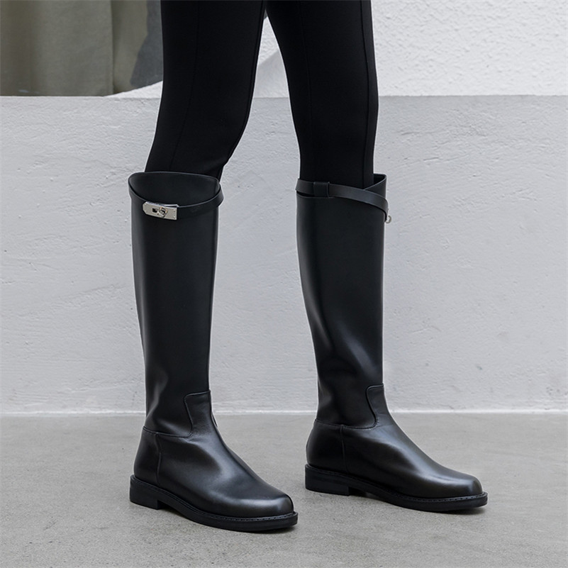 Autumn Riding Boots Women Natural Genuine Leather Flat Knee High Zipper Round Toe Tall Shoes Ladies Winter Size 42 210517