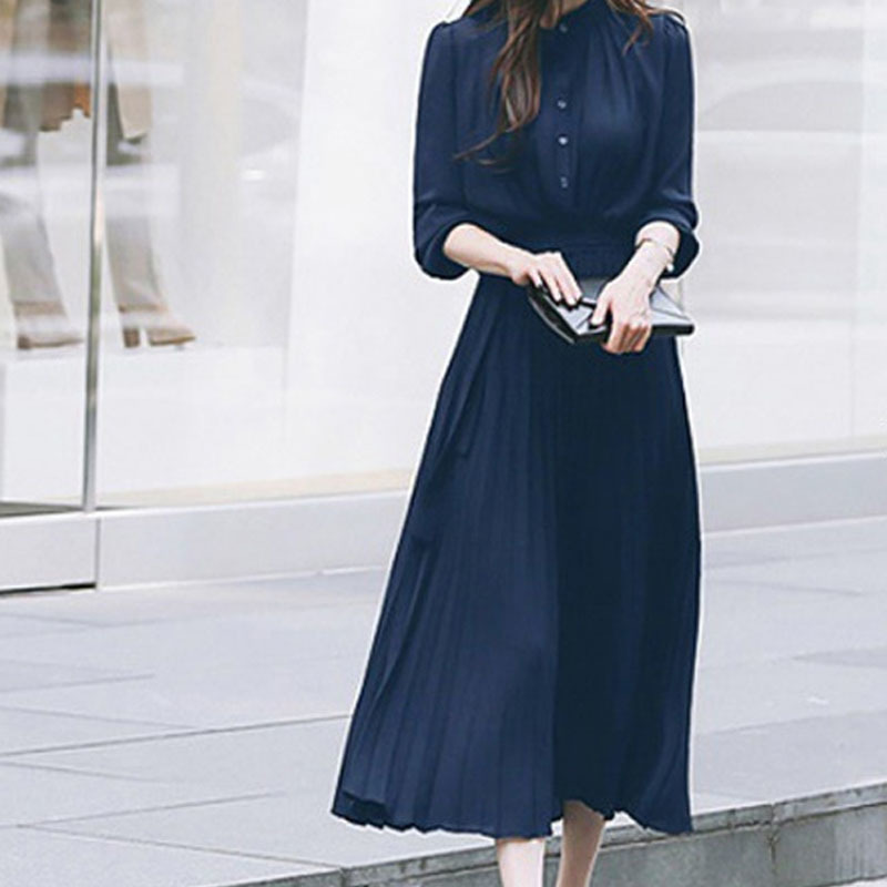 Autumn Single Breasted Chiffon Dress Women Pleated es Full Sleeve Slim Waist A-line Vestidos Casual Long 12377 210510