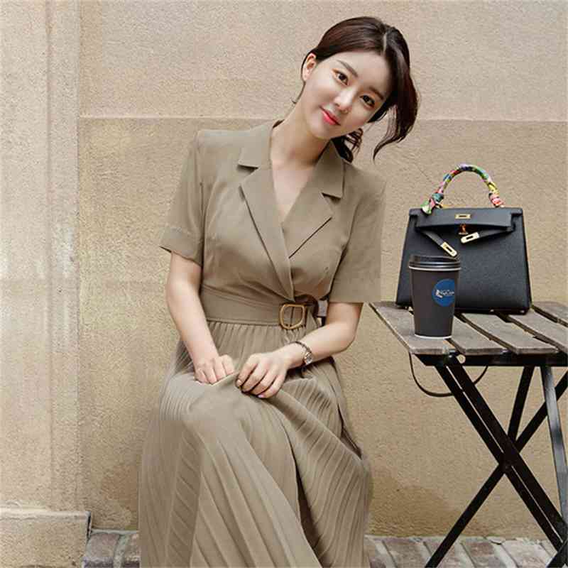 Summer Korea Office Ladies Short sleeve Notched Blazer Dress Women Elegant Slim Waist Sashes Pleated Midi 210519