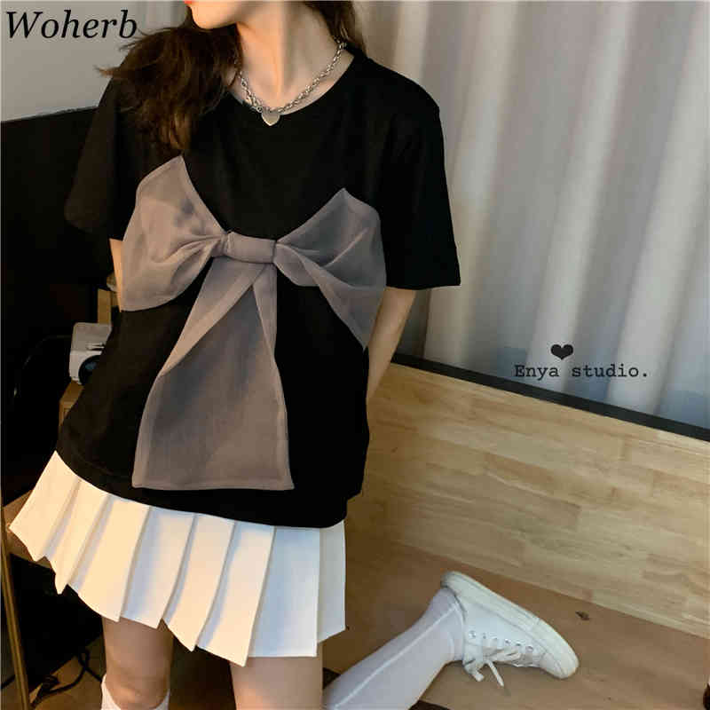 Big Bow Patchwork Women T Shirts Summer Korean Loose Fashion Tees Shirt Streetwear O Neck Short Sleeve Simple Tops 210519