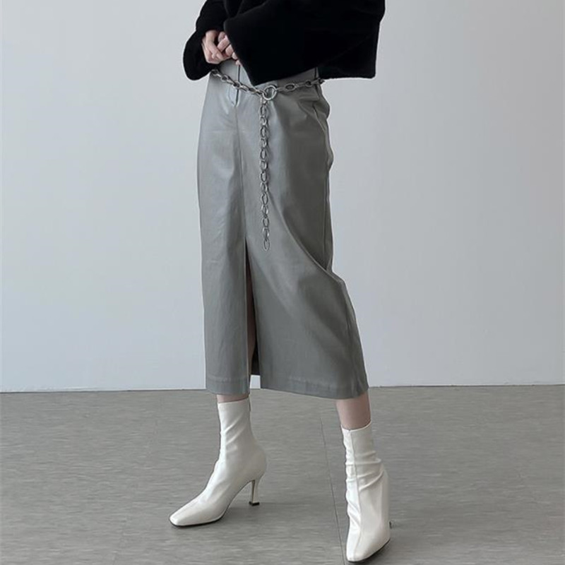 OL Elegant Women High Waist Vintage Fashion Split Pu Leather Skirt Autumn Winter Work Wear Solid Long Skirts Womens 210421