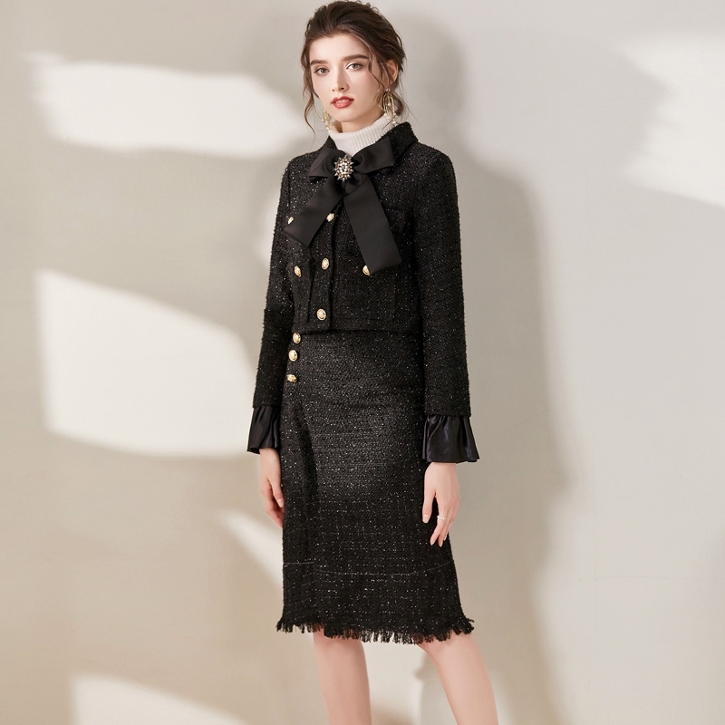 Winter Vintage Tweed Two Piece Sets Women's Woolen Short Jacket Coat and High Waist Tassel Skirts Suit 210520