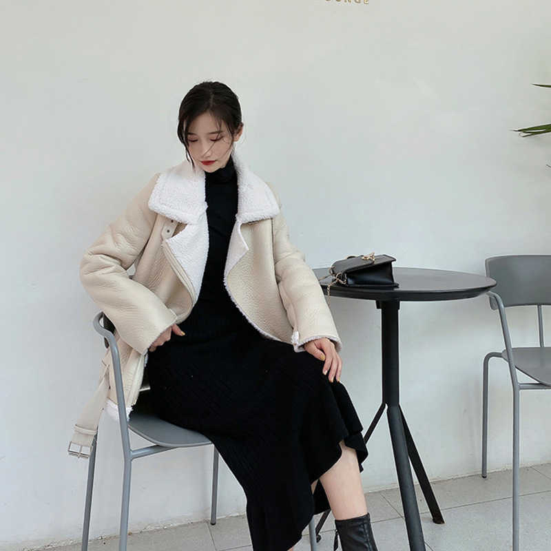 LY VAREY LIN Winter Women Warm Thick Outerwear Faux Lamb Leather Coat Moto Outwear Wool Parkas Fur Collar Zipper Jacket 210526