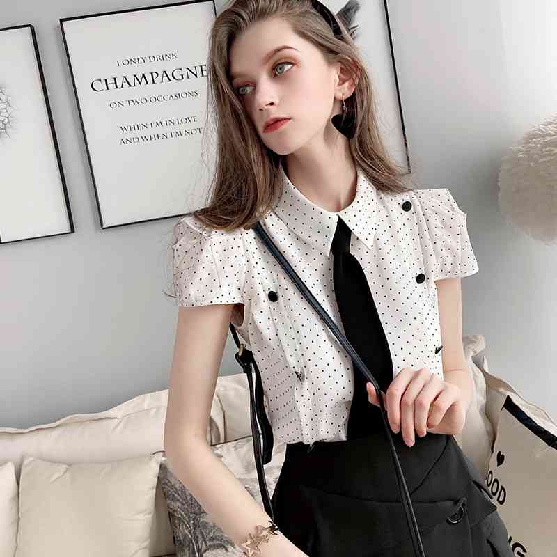 Dabuwawa Elegant Dot Printed Chiffon Blouse Women Tie Neck Turn-down Collar Button Short Sleeve Shirts Office Lady DT1BCF009 210520